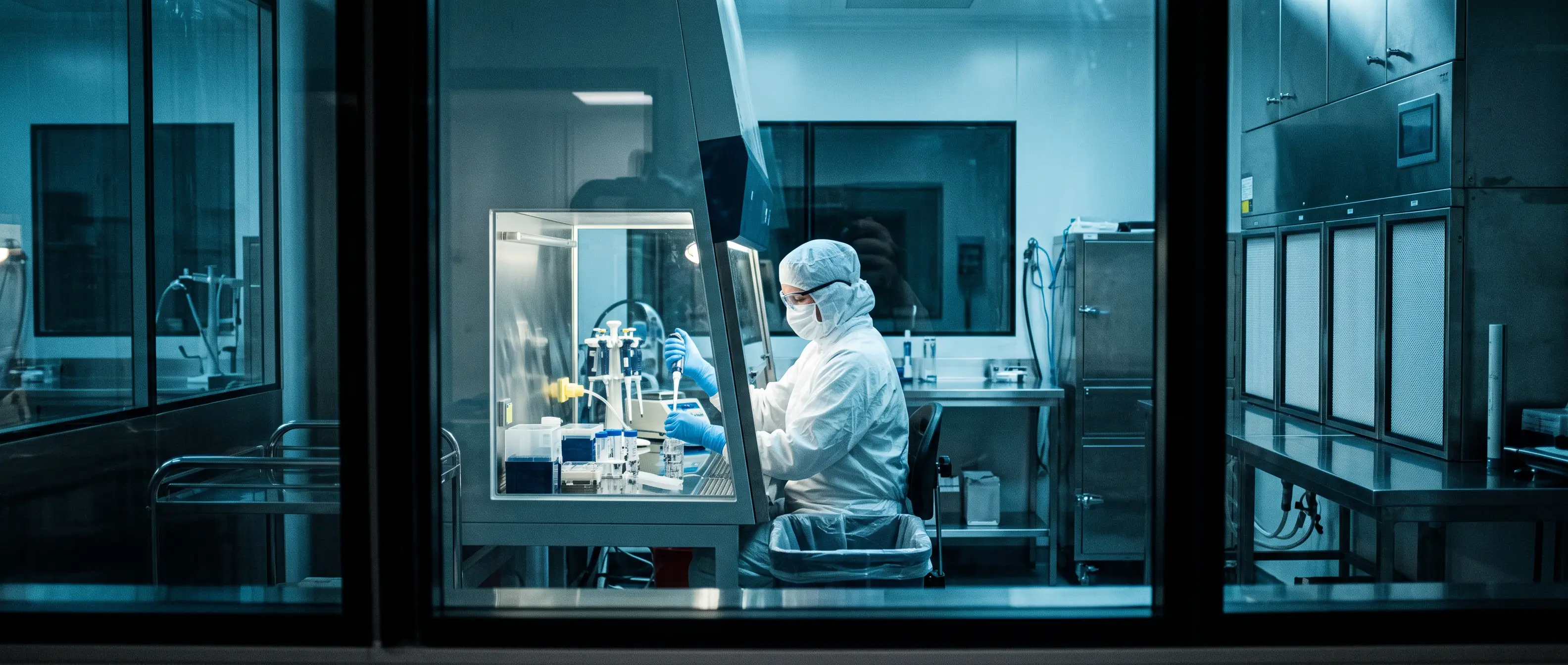 Technician working inside a sterile GMP cleanroom during a peptide facility audit