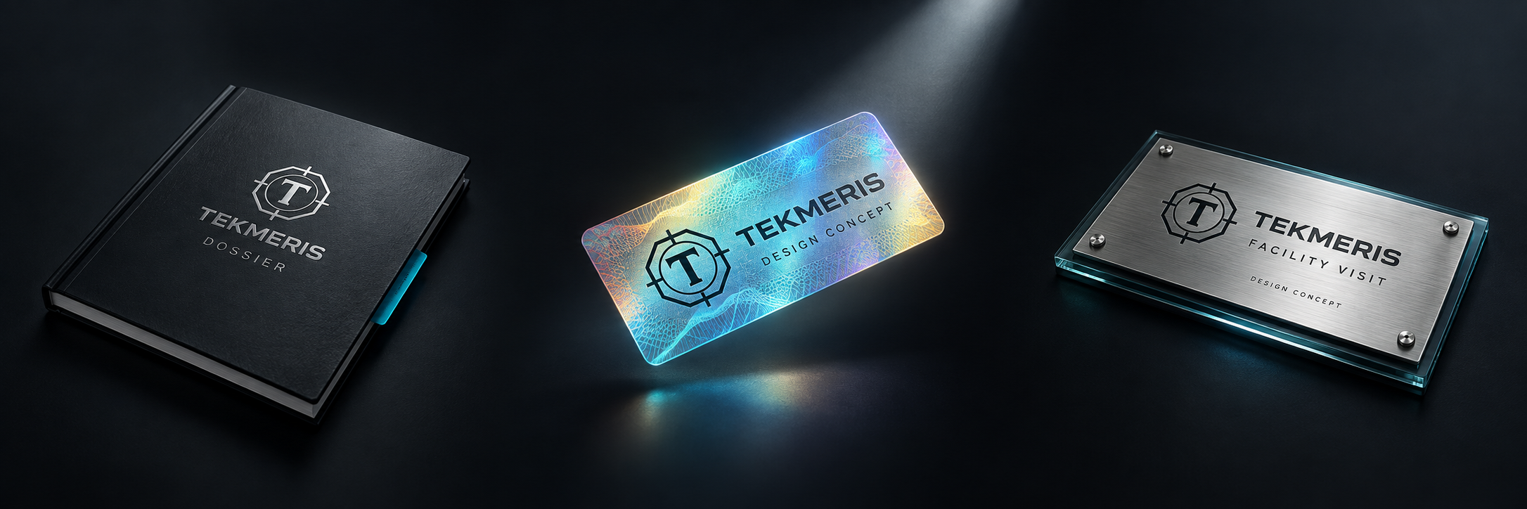Design concepts for a TEKMERIS dossier, package seal and facility-visit badge; not issued client materials
