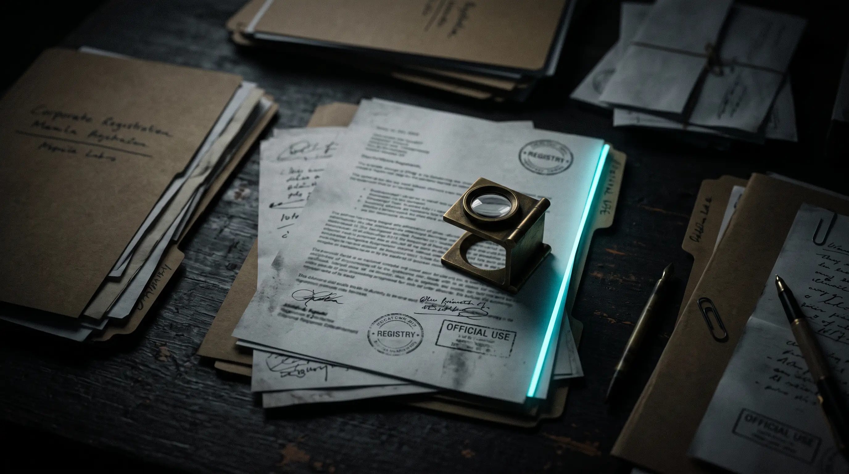 Corporate registration documents under a magnifying loupe during peptide supplier vetting