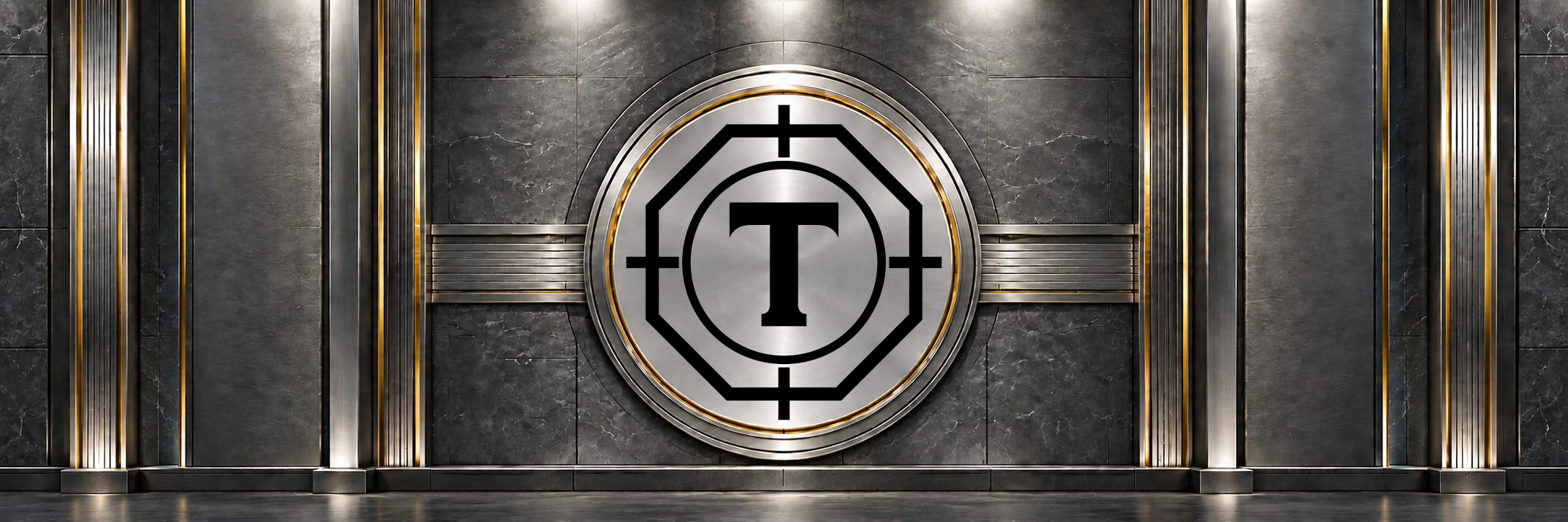 The TEKMERIS seal centred in a silver and graphite architectural setting
